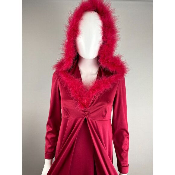 Vtg 70s Maroon Marabou Trim Hooded Robe w/ Maxi Disco Dress Set Size S/M - Picture 5 of 8